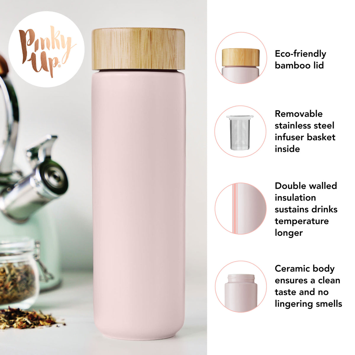 Ceramic Travel Mug with Bamboo Sleeve & Infuser