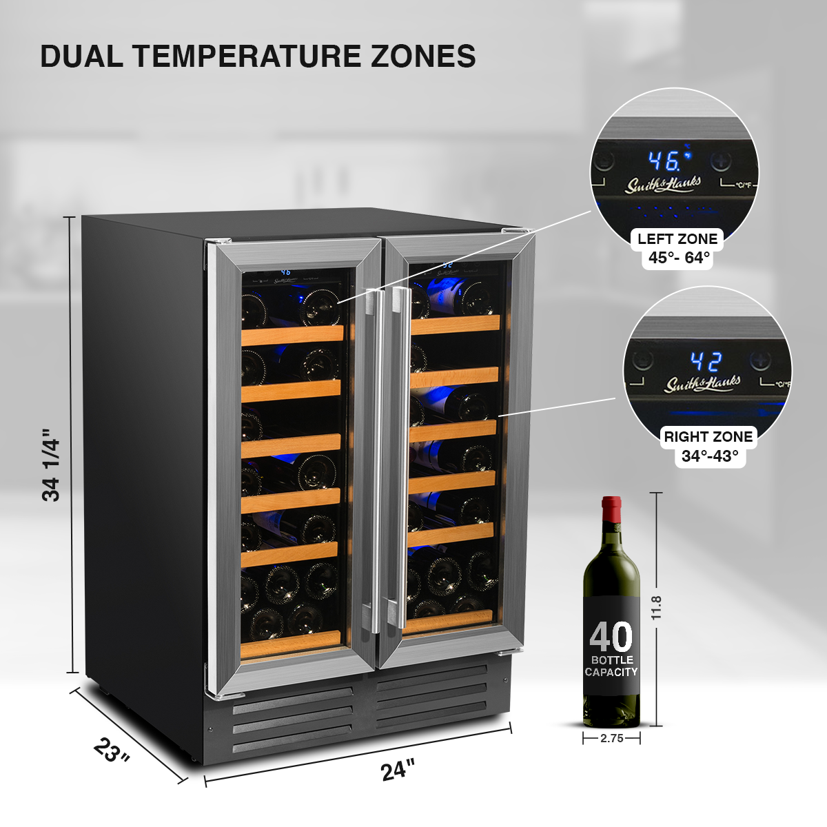 Smith & Hanks - 24" 40 Bottle Dual Zone Stainless Steel Trim French Door Wine Cooler (RE100008)
