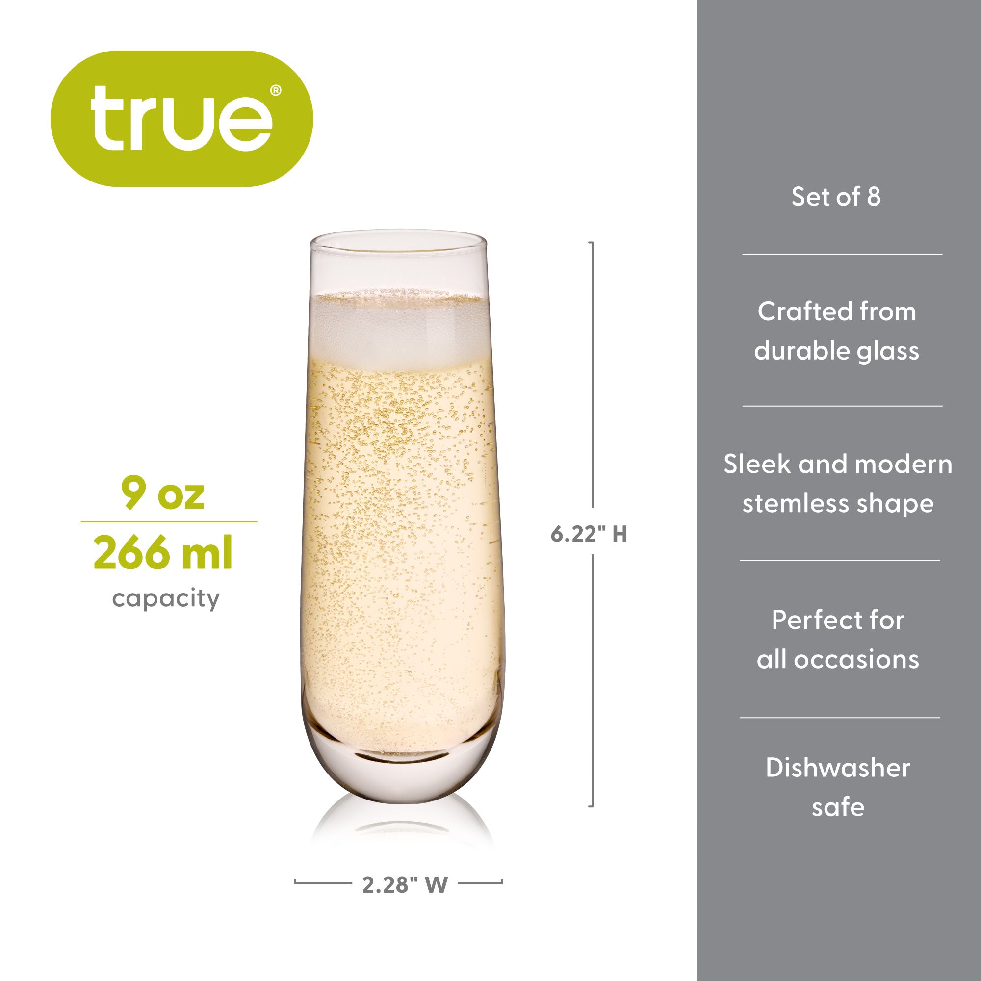 Stemless Champagne Flutes by True Set of 8 (11438)