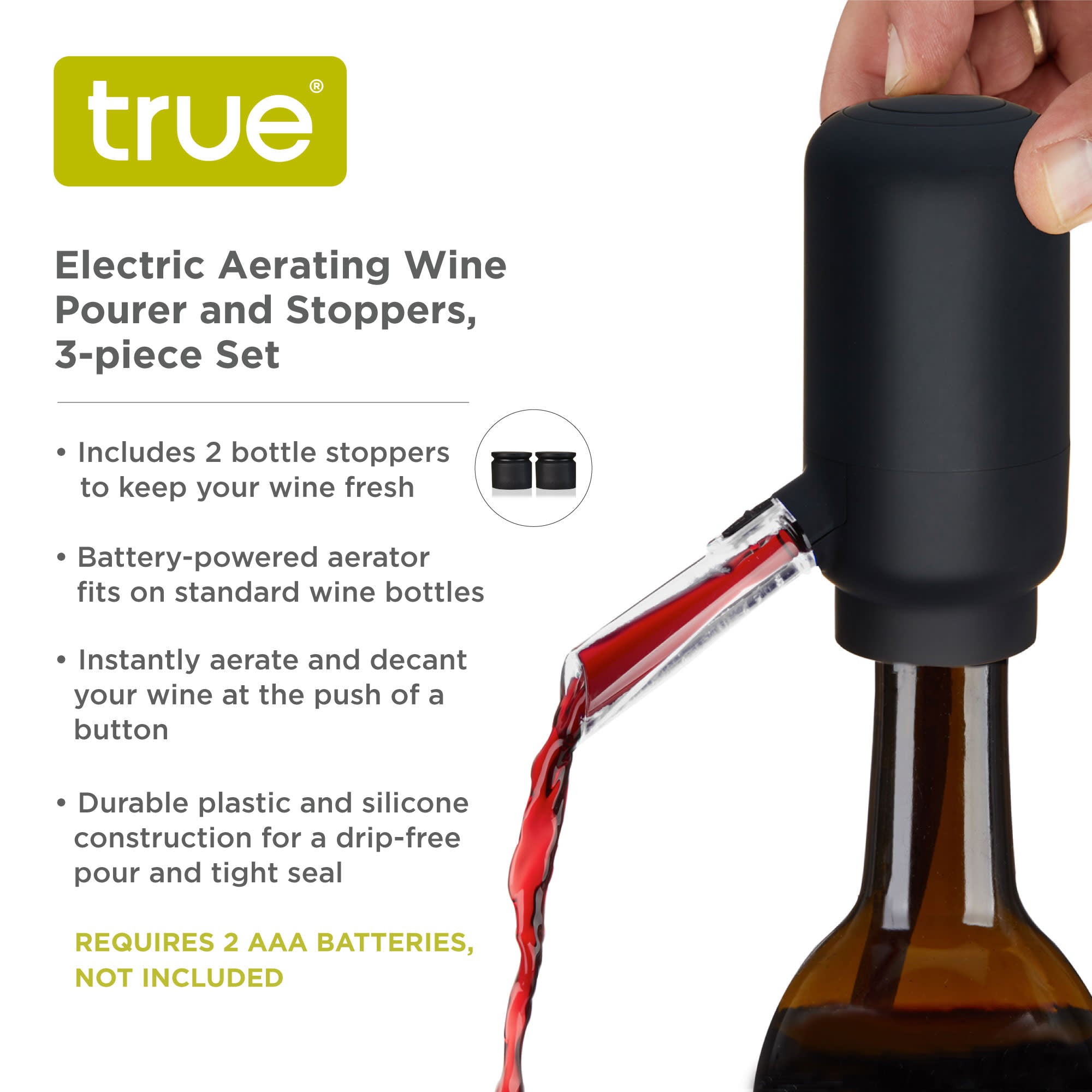 Electric Wine Pourer and Stoppers, Set of 3 by True (10896)