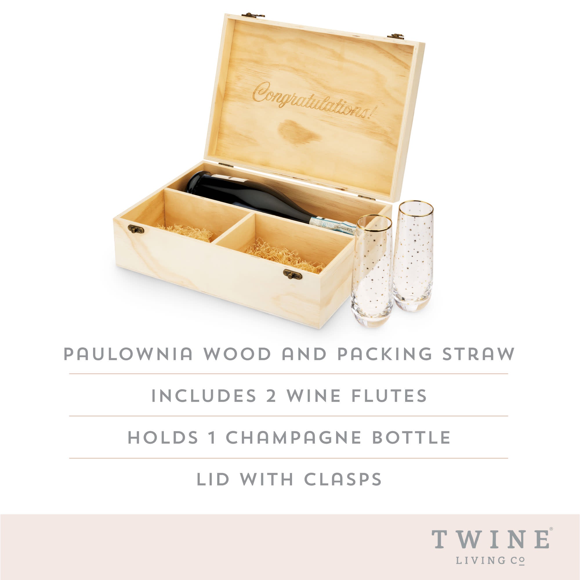 Celebrate Wood Champagne Box with Set of Flutes by Twine®