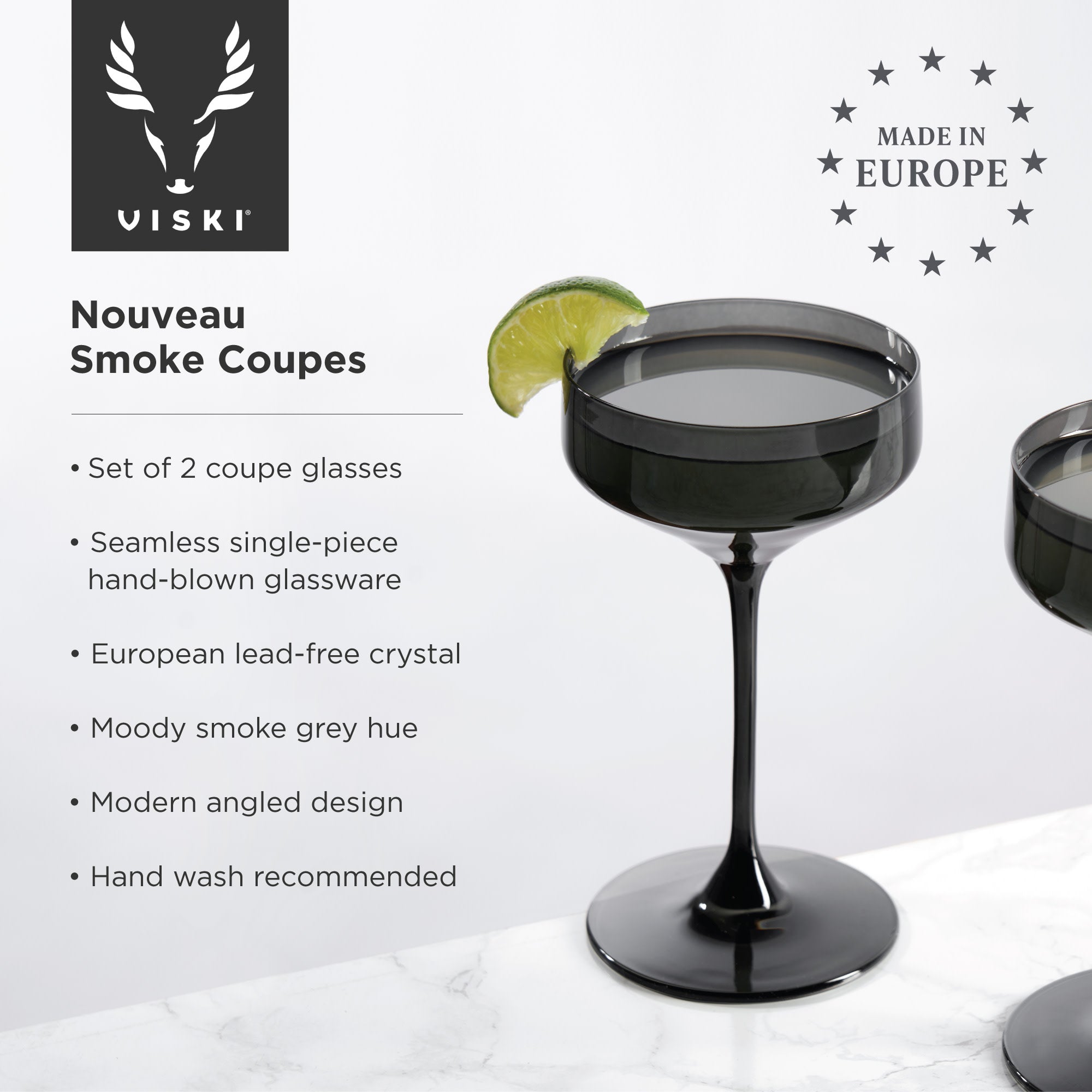 Reserve Nouveau Crystal Coupes in Smoke by Viski (set of 2)