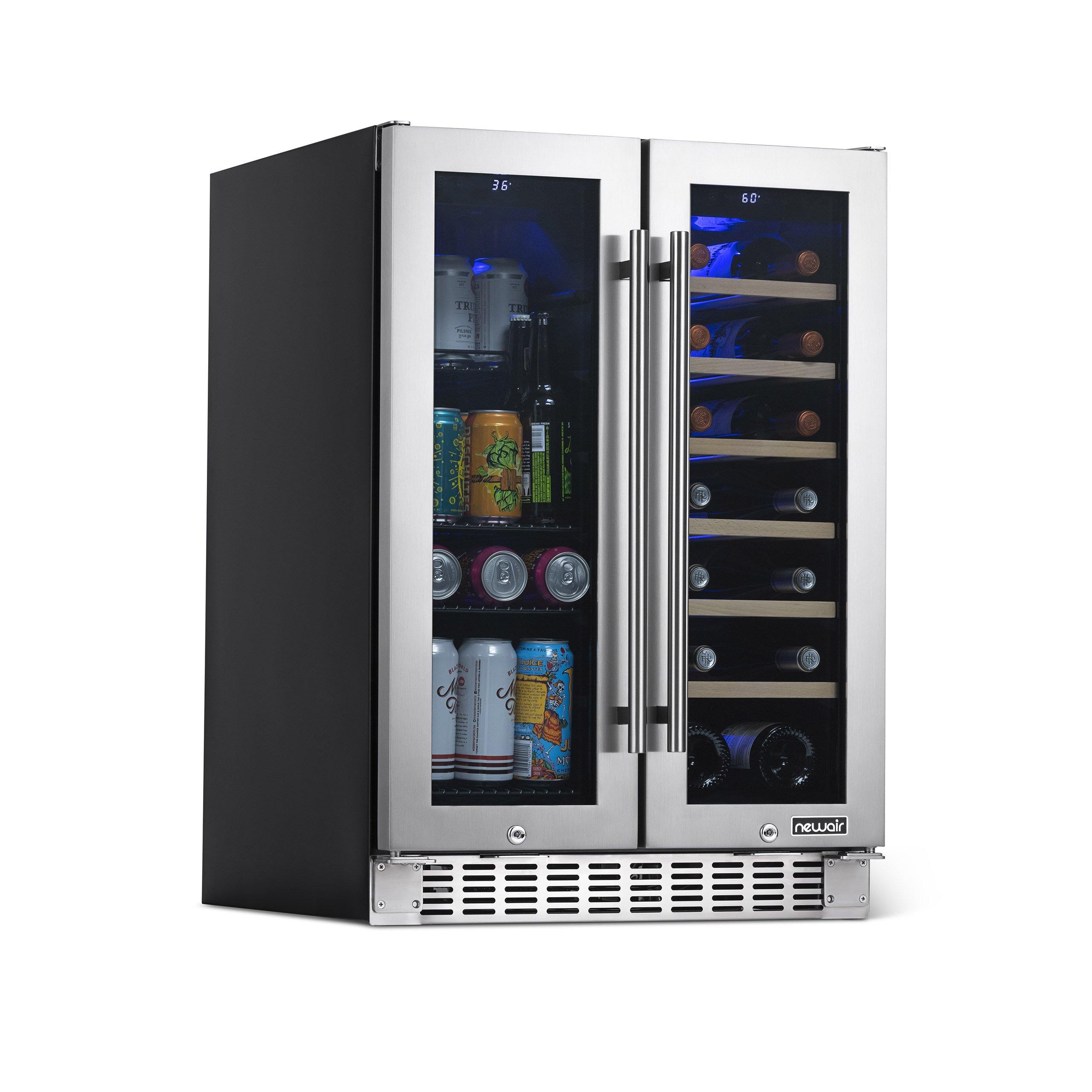 Newair - 24” 20-Bottle/60 Can Dual-Zone French Door Wine & Beverage Center (NWB080SS00) w/ Beech Wood Shelves