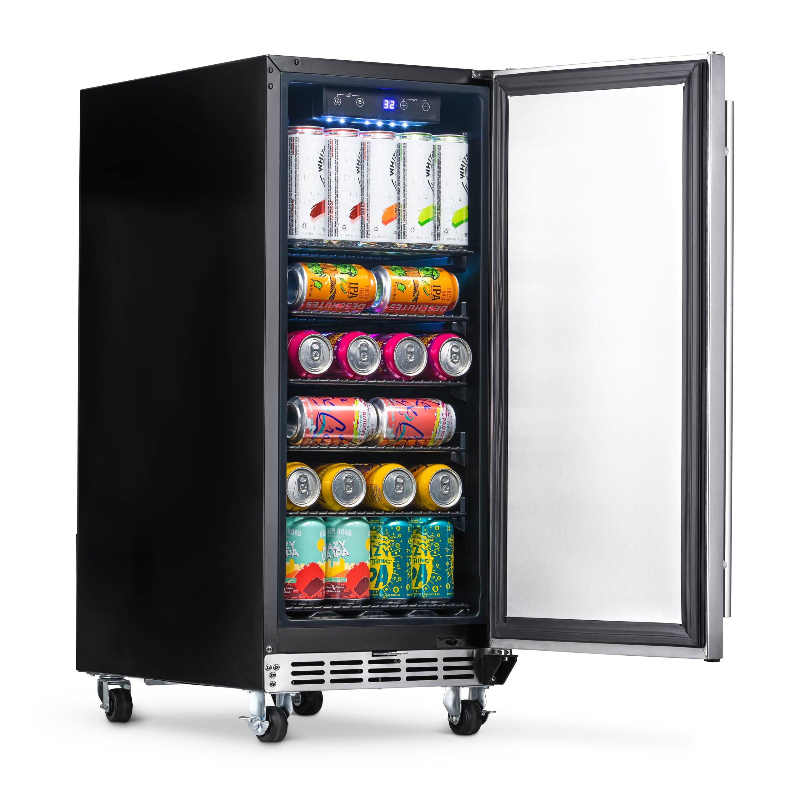 NewAir - 15" 90-Can Weatherproof Outdoor Beverage Center (NOF090SS00) Stainless Steel w/ Auto-Closing Door & Easy Glide Casters