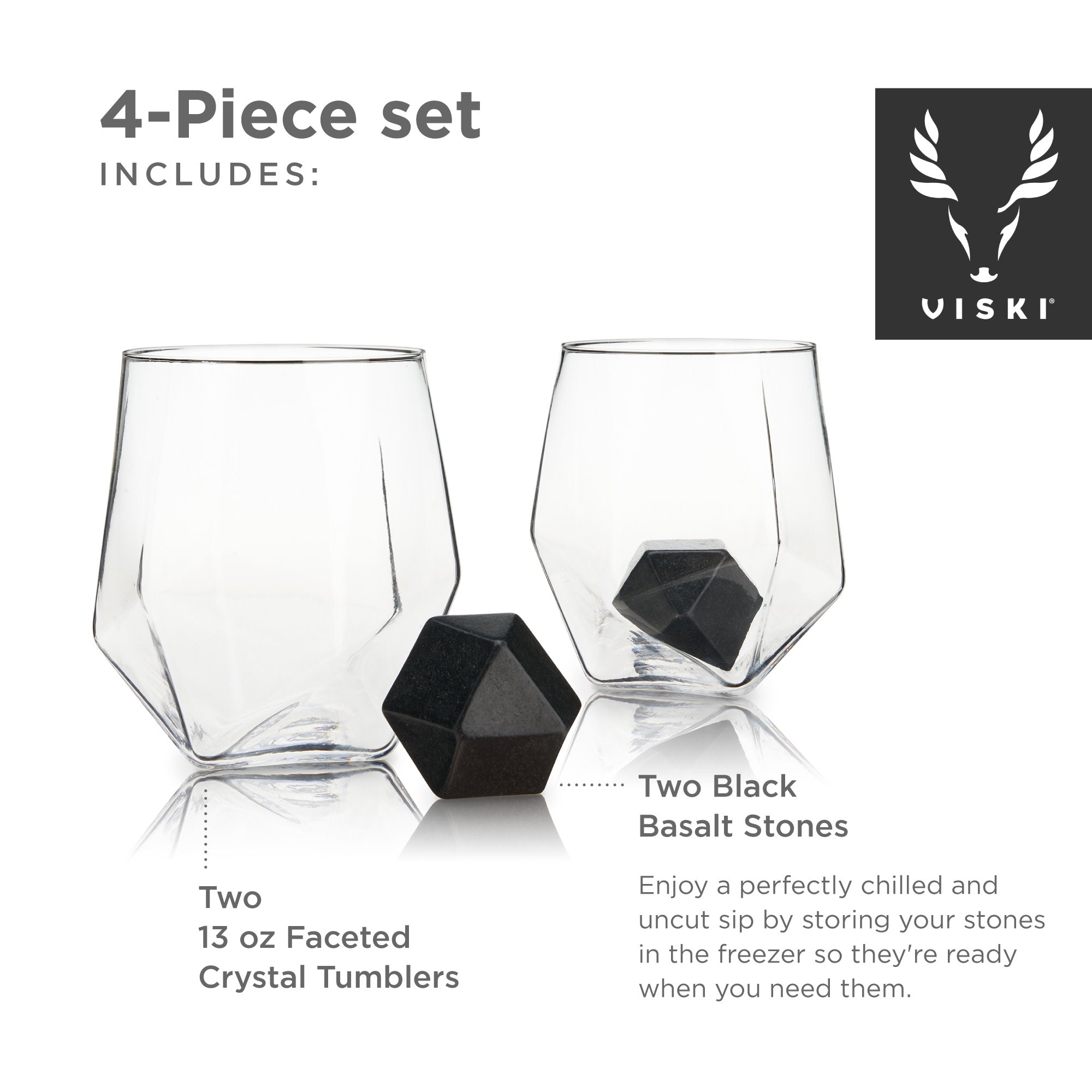 4-Piece Faceted Tumbler & Hexagonal Basalt Stone Set by Visk (9047) Drinkware Viski