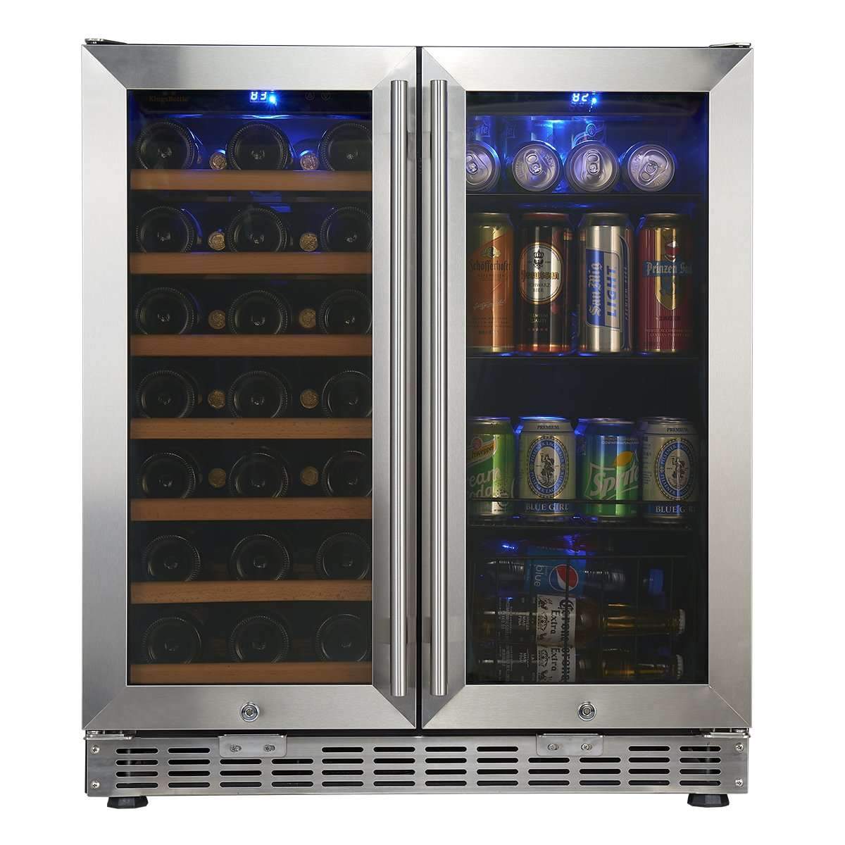 Kingsbottle - 30" Dual Zone Undercounter Wine and Beverage Center with Low-E Glass French Door, Black Frame/Stainless Steel Trim (KBUSF66BW) Wine & Beverage Center KingsBottle Glass Door with Stainless Steel Trim 2-Year Warranty (Free) 