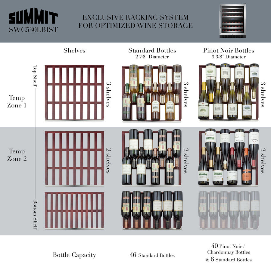 Summit - 24"  46-Bottle Dual-Zone Wine Cooler w/ Tempered Glass Stainless Steel Frame Door, Black/Stainless Steel Wrapped Cabinet (SWC530BLBIST)