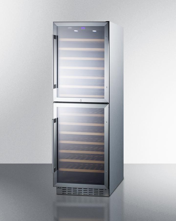 Summit 24" 118 Bottles Dual Zone 2 Reversible Doors Wine Cooler with Glass Door Stainless Steel Frame, Black/Stainless Steel Wrapped Cabinet (SWC1875B) Wine Cooler Summit Stainless Steel Wrapped Cabinet 