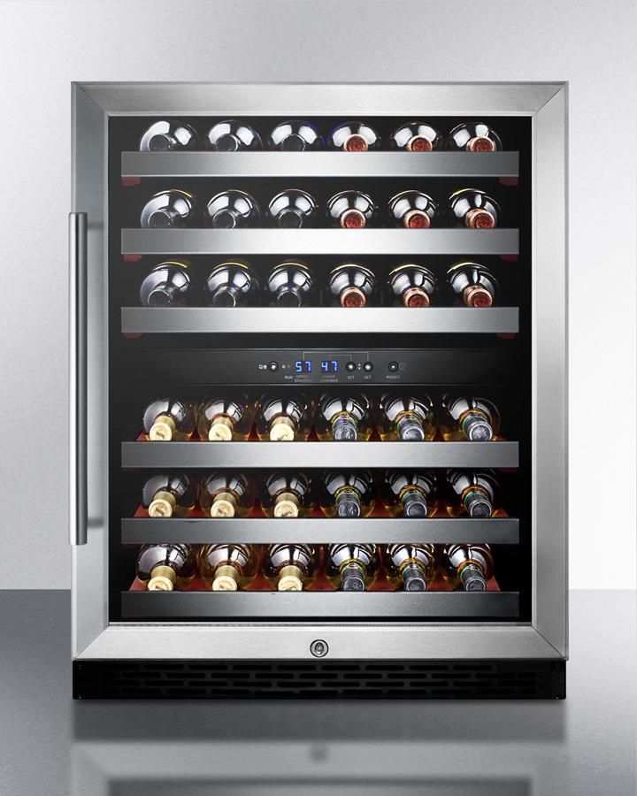 Summit 24" Wide 46 Bottles Dual Zone ADA Compliant Wine Cooler with Tempered Glass Stainless Steel Frame Door, Black/Stainless Steel Wrapped Cabinet (SWC530BLBISTADA) Wine Cooler Summit 