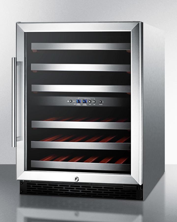 Summit 24" Wide 46 Bottles Dual Zone ADA Compliant Wine Cooler with Tempered Glass Stainless Steel Frame Door, Black/Stainless Steel Wrapped Cabinet (SWC530BLBISTADA) Wine Cooler Summit Stainless Steel Wrapped Cabinet 