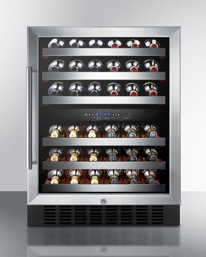 Summit 24" Wide 46 Bottles Dual Zone Wine Cooler with Tempered Glass Stainless Steel Frame Door, Black/Stainless Steel Wrapped Cabinet (SWC530BLBIST) Wine Cooler Summit 